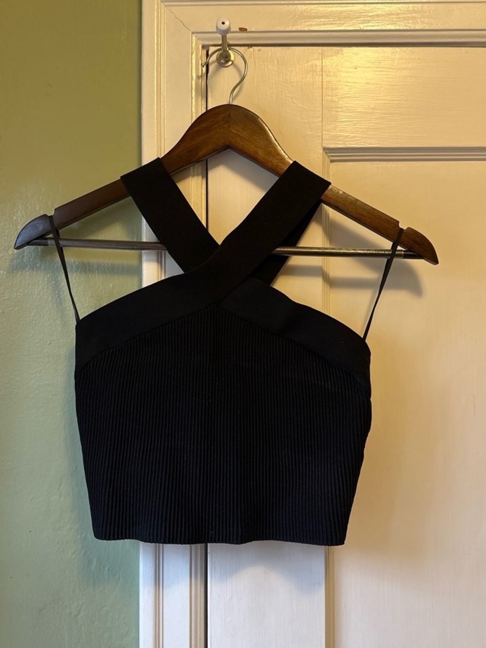 Babaton Black Ribbed Cross-Front Crop Top